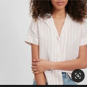 Everlane Pink & White Stripe Linen Button Up Short Sleeve Top Size 0
